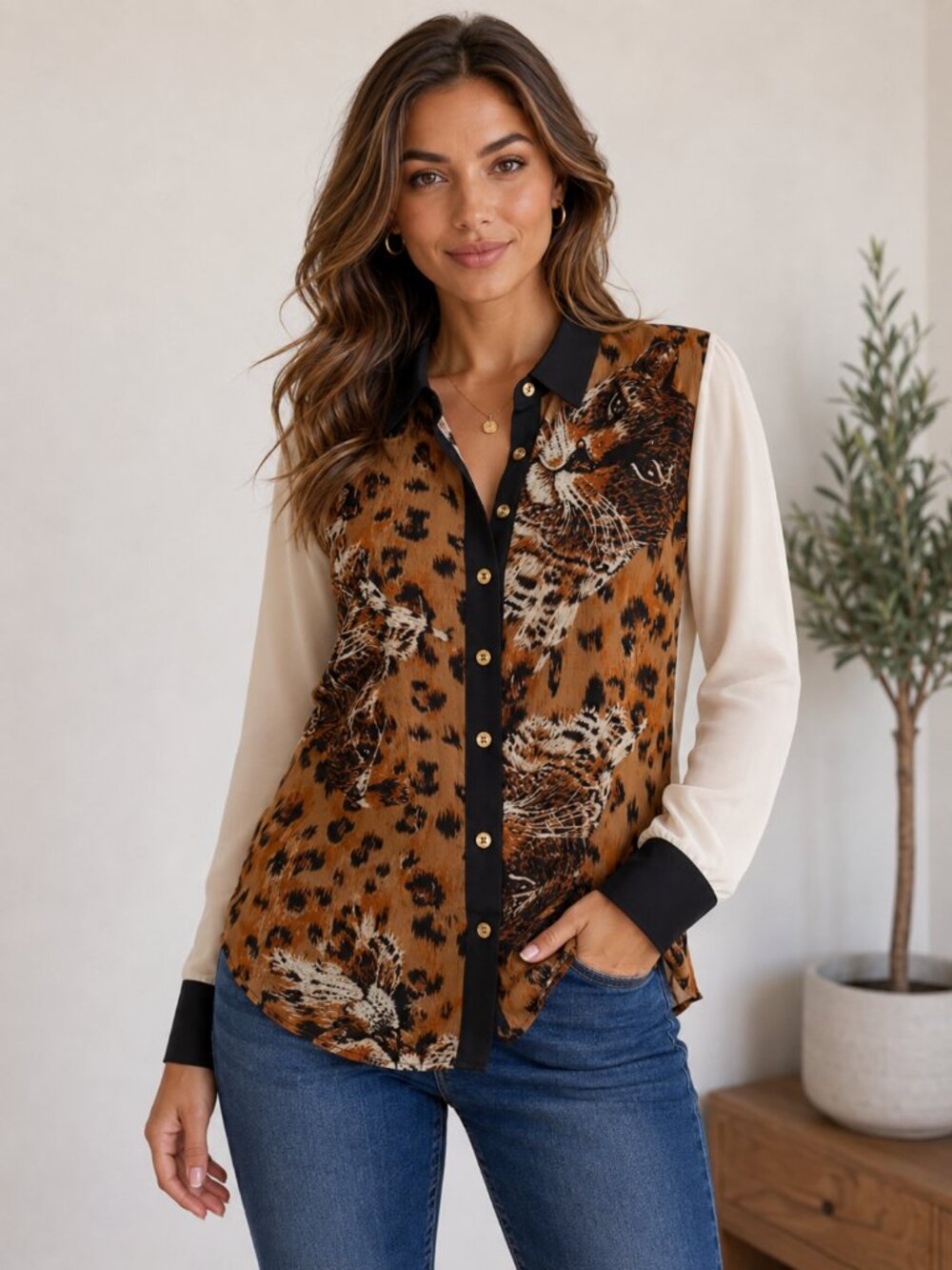 Fifty Street Leopard Print Blouse Women’s Large Button Front Sheer Top